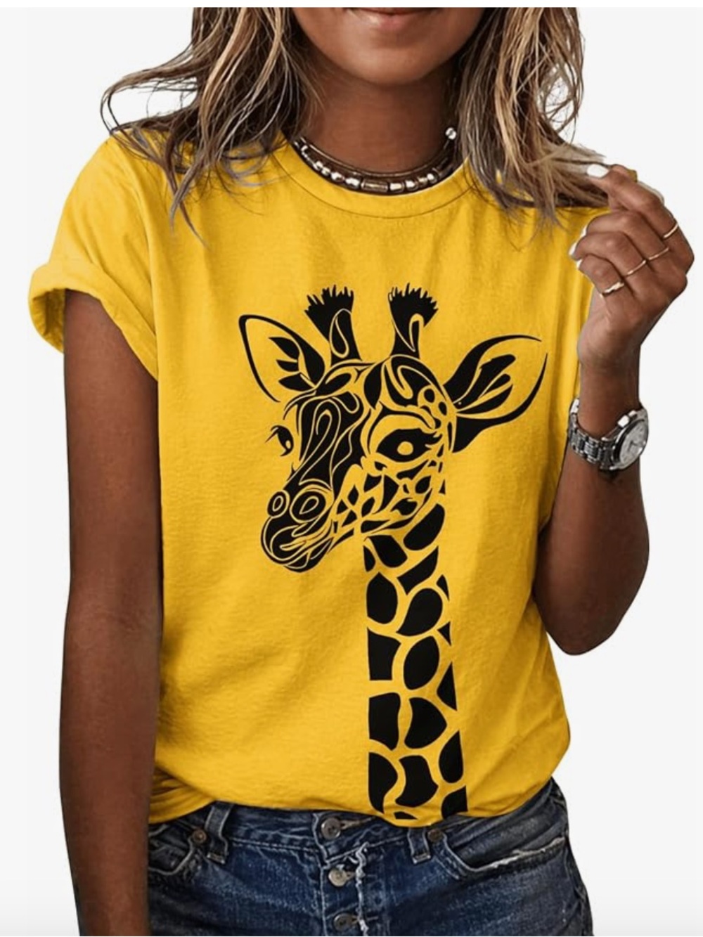 Women's Yellow Giraffe Graphic Crew Neck Tee